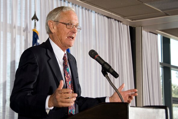 Retired Brig. Gen. Charles Duke Jr. speaks at the Air Force Academy's National Prayer Luncheon Feb. 9, 2009, at the Academy's Falcon Club. General Duke, a former astronaut who walked on the Moon's surface, spoke about "America's Godly Heritage" to an audience of about 500. (U.S. Air Force photo/Bill Evans)