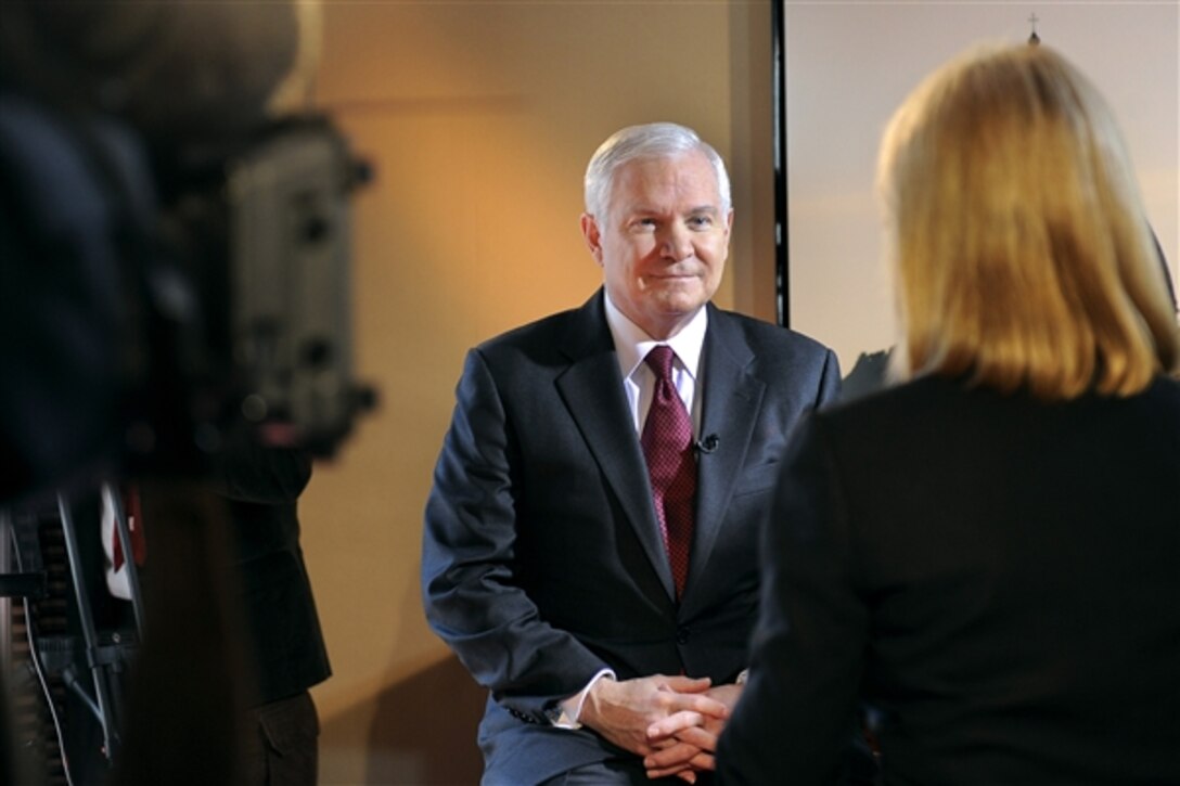 Defense Secretary Robert Gates speaks with Greta Van Susteren, host of the Fox News program "On the Record with Greta Van Susteren," during an interview Feb. 7, 2010, in Rome. (Defense Department photo/Cherie Cullen)