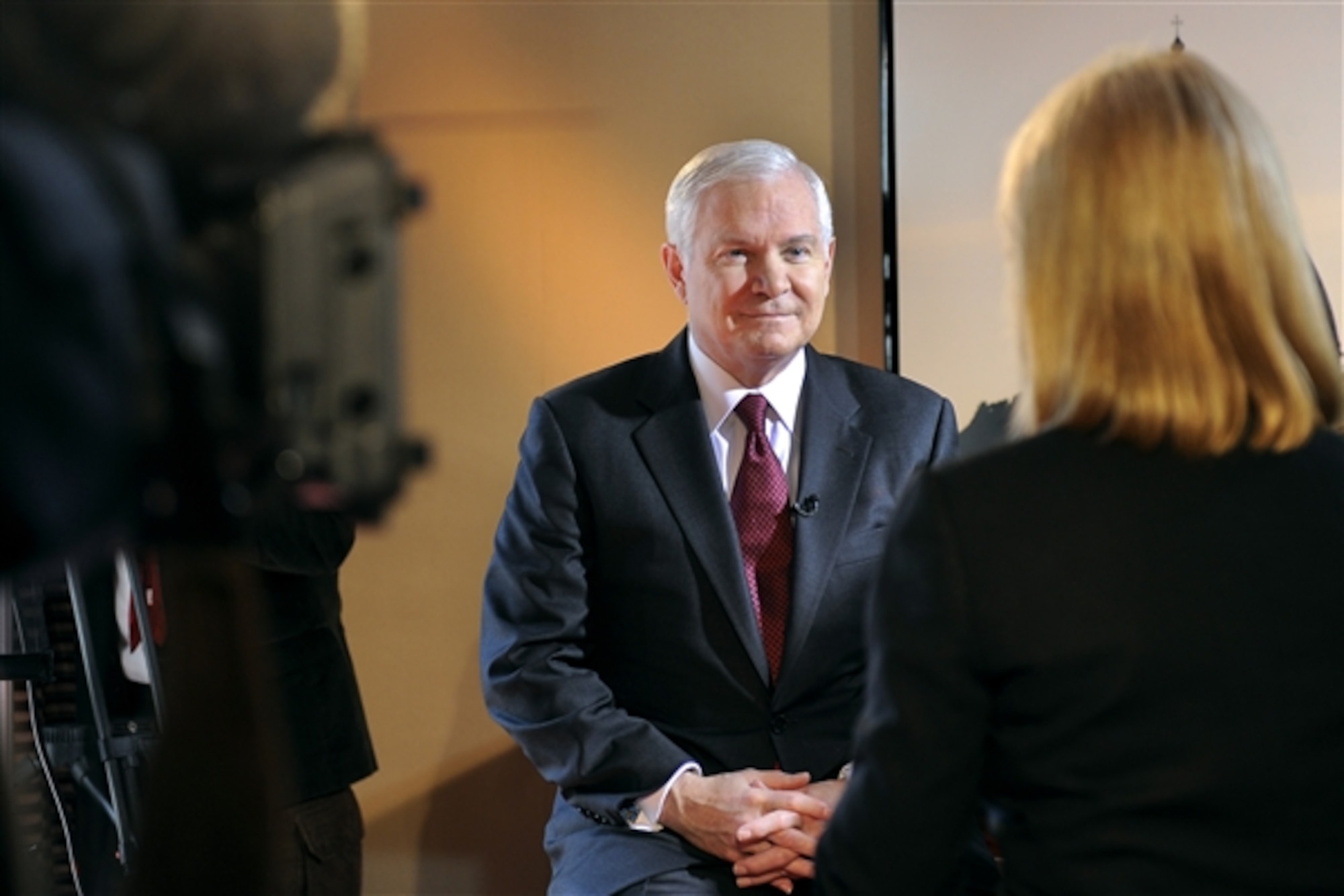Defense Secretary Robert Gates speaks with Greta Van Susteren, host of the Fox News program "On the Record with Greta Van Susteren," during an interview Feb. 7, 2010, in Rome. (Defense Department photo/Cherie Cullen)