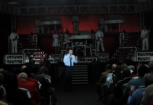 Hampton, Va. -- Col. Donald E. Kirkland, 633d Air Base Wing commander, greets the audience before the Tops in Blue performance at the Hampton Roads Convention Center, Feb. 9. Tops in Blue, the Air Force’s premier entertainment group, is composed of vocalists and instrumentalists representing a wide range of career fields who tour all over the world captivating military and civilian audiences with high energy shows. (U.S. Air Force photo/Airman Rebecca Montez)