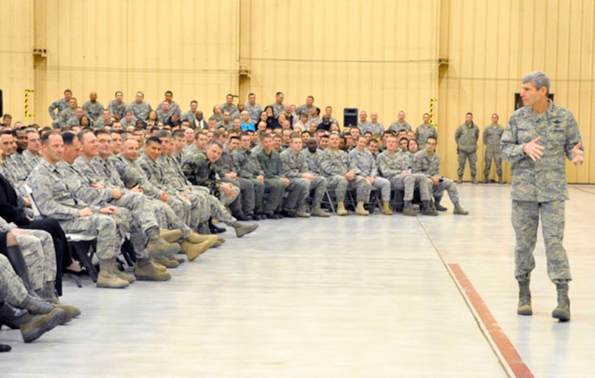 General Norton Schwartz, Chief of Staff of the Air Force, speaks to Airmen during his visit to the base Jan. 26. Gen. Schwartz touched on issues such as manpower, health and wellness, housing, and deployments. U.S. Air Force photo by Staff Sgt. Heather R. Redman)
