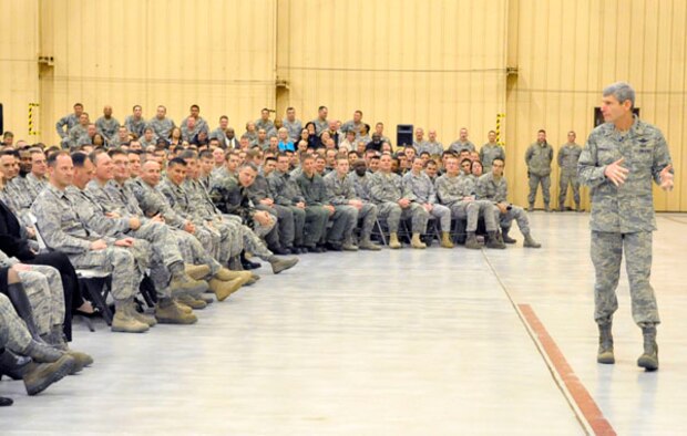 Gen. Norton Schwartz, Air Force chief of staff, speaks to Airmen during his visit to Cannon Air Force Base, N.M. Jan. 26. General Schwartz addressed issues that ranged from manpower and  health and wellness to housing, and deployments. U.S. Air Force photo by Staff Sgt. Heather R. Redman) 

 
 
 