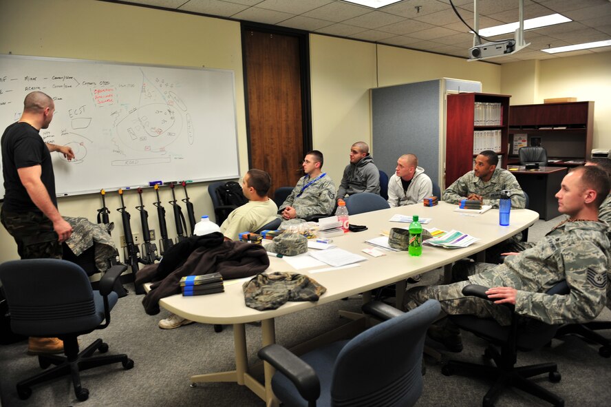 SHAW AIR FORCE BASE, S.C. -- Staff Sgt. Ferdinando Acerra (left), 20th Maintenance Operations Squadron and a member of the exercise evaluation team, briefs the team on attack scenarios for the phase II operational readiness exercise here Feb. 9. Members of the EET prepare an attack on the fictional deployed location during the ORE. The EET is responsible for aiding in the setup, supervision and grading of training scenarios. Shaw performs routine exercises throughout the year to ensure Airmen are ready for base or deployment attacks. (U.S. Air Force photo/Airman 1st Class Amber E. N. Jacobs)