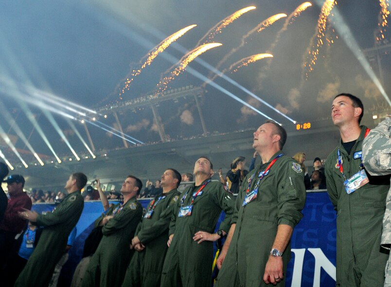 (left to right) 125th Fighter Squadron Commander, Lt. Col. Mike "Speedo" Rouse; 125th Fighter Wing Chief of Stand. Eval. Lt. Col. John "Homer" Black; 125th Fighter Wing Operations Group Commander, Col. Bill "Yogi" Bair; 125th Fighter Wing Commander Col. Bob "Squirt" Branyon; 125th Fighter Wing Detachment 1 Commander, Lt. Col. Mike Birkeland, and 125th Fighter Wing Maintenance Squadron Commander, Major Brian "Bonsai" Bell, stand on the field during the halftime show at Super Bowl XLIV, Sun Life Stadium, Miami Fla, February 7, 2010.The 125th Fighter Wing's participation marked the first Air National Guard flyover in the history of the Super Bowl. (USAF Photo by TSgt. Shelley Gill)