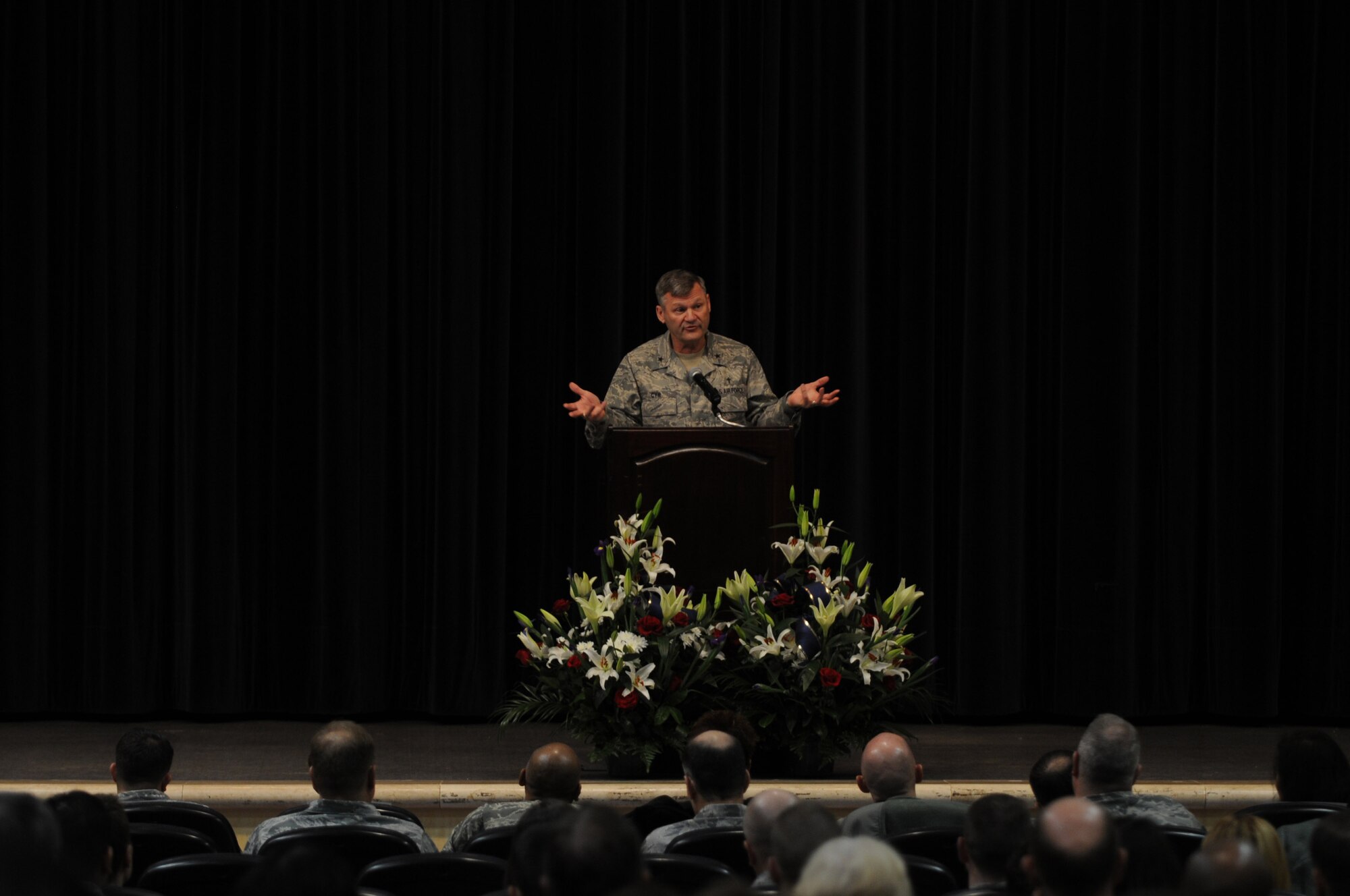 Chaplain (Brig. Gen.) David H. Cyr gives a speech titled "God, Bless America" during the National Prayer Luncheon, Feb. 3, 2010 at Aviano Air Base, Italy. National prayer breakfasts and luncheons are usually held annually in February at various locations, including overseas military installations. (Air Force photo/Staff Sgt. Mercedes Crossland)