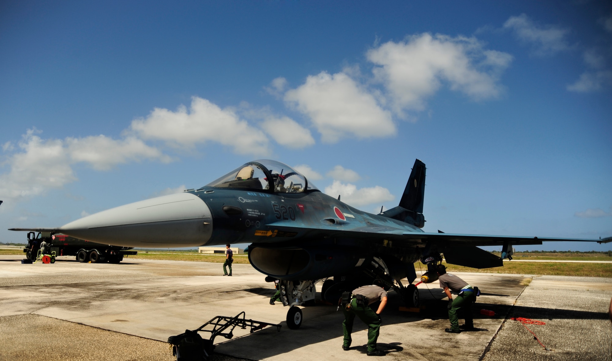 Japanese maintenance crew of the 8th Combat Wing, 6th TF Squadron, Tsuiki AB, Japan, prepare their F2 for ammunitions during Cope North on Andersen Air Force Base, Guam on Feb. 9, 2010. The United States Air Force and the Japanese Air Self-Defense Force conduct Cope North annually to increase combat readiness and interoperability, concentrating on coordination and evaluation of air tactics, techniques, and procedures. The ability for both nations to work together increases their preparedness to support real-world contingencies.
(USAF photo by Staff Sgt. Andy M. Kin)
