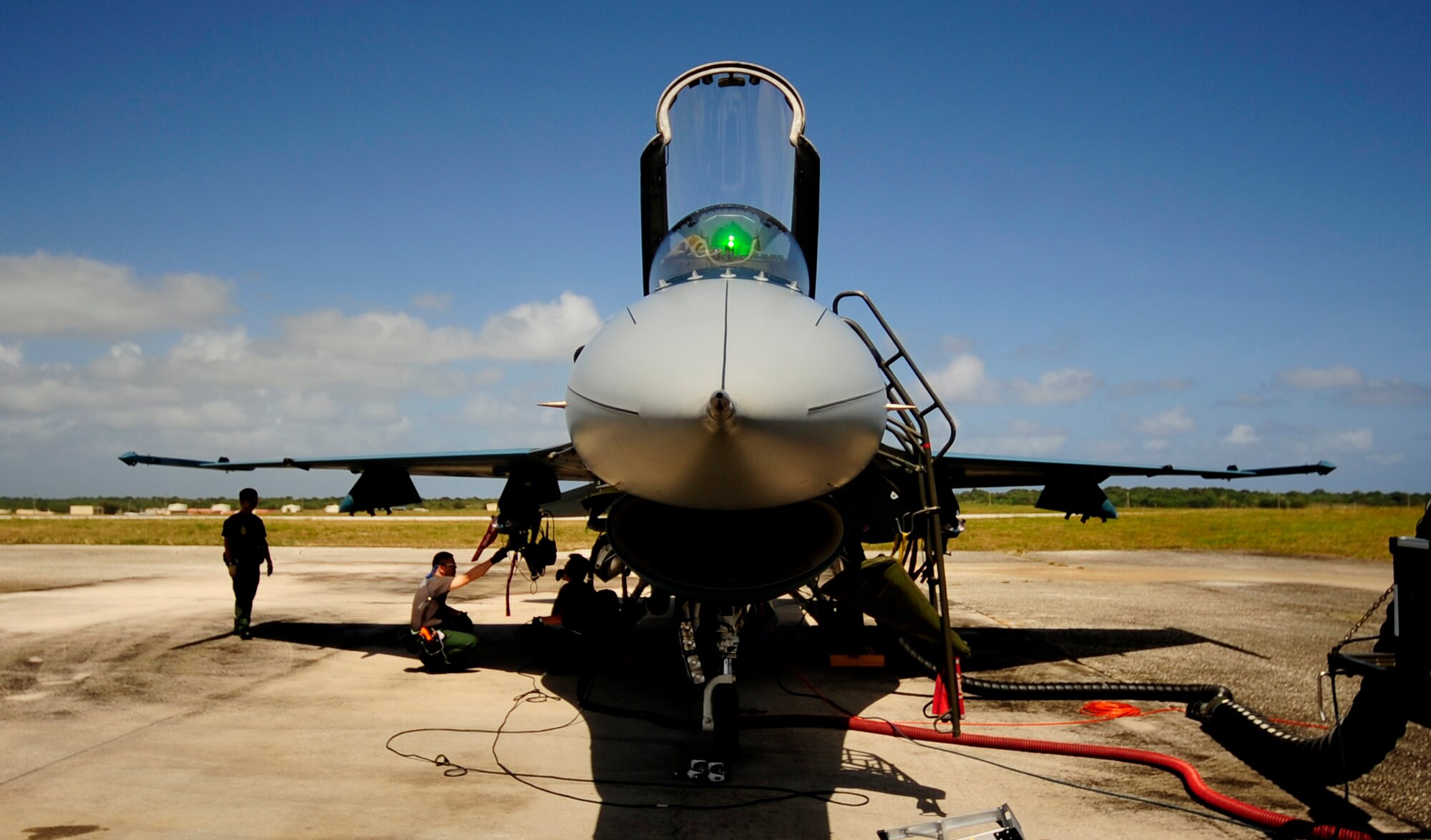 Japanese maintenance crew of the 8th Combat Wing, 6th TF Squadron, Tsuiki AB, Japan, prepare their F2 for ammunitions during Cope North on Andersen Air Force Base, Guam on Feb. 9, 2010. The United States Air Force and the Japanese Air Self-Defense Force conduct Cope North annually to increase combat readiness and interoperability, concentrating on coordination and evaluation of air tactics, techniques, and procedures. The ability for both nations to work together increases their preparedness to support real-world contingencies.
(USAF photo by Staff Sgt. Andy M. Kin)
