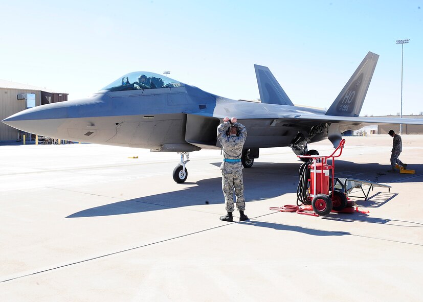HOLLOMAN AIR FORCE BASE, N.M. -- Col. Kevin "Hollywood" Robbins, 49th Fighter Wing vice commander, pulls in to a halt after his final flight with the 49th Fighter Wing, Feb. 5. Colonel Robbins entered the Air Force in 1988 as a distinguished graduate from Officer Training School at Lackland AFB, Texas, and has been assigned to Holloman since August 11, 2009 (U.S. Air Force photo by Senior Airman Deandre Curtiss)