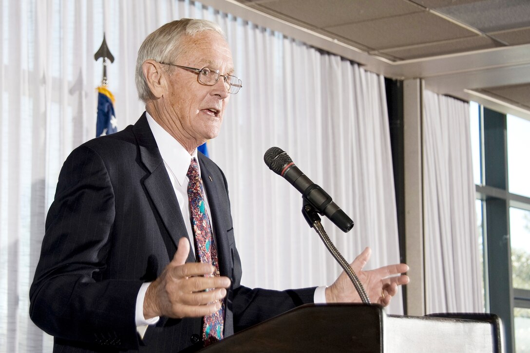 Retired Brig. Gen. Charles Duke Jr. speaks at the U.S. Air Force Academy's National Prayer Luncheon Feb. 9, 2009, at the Academy's Falcon Club in Colorado. General Duke, a former astronaut who walked on the moon's surface, spoke about "America's Godly Heritage" to an audience of about 500. (U.S. Air Force photo/Bill Evans)