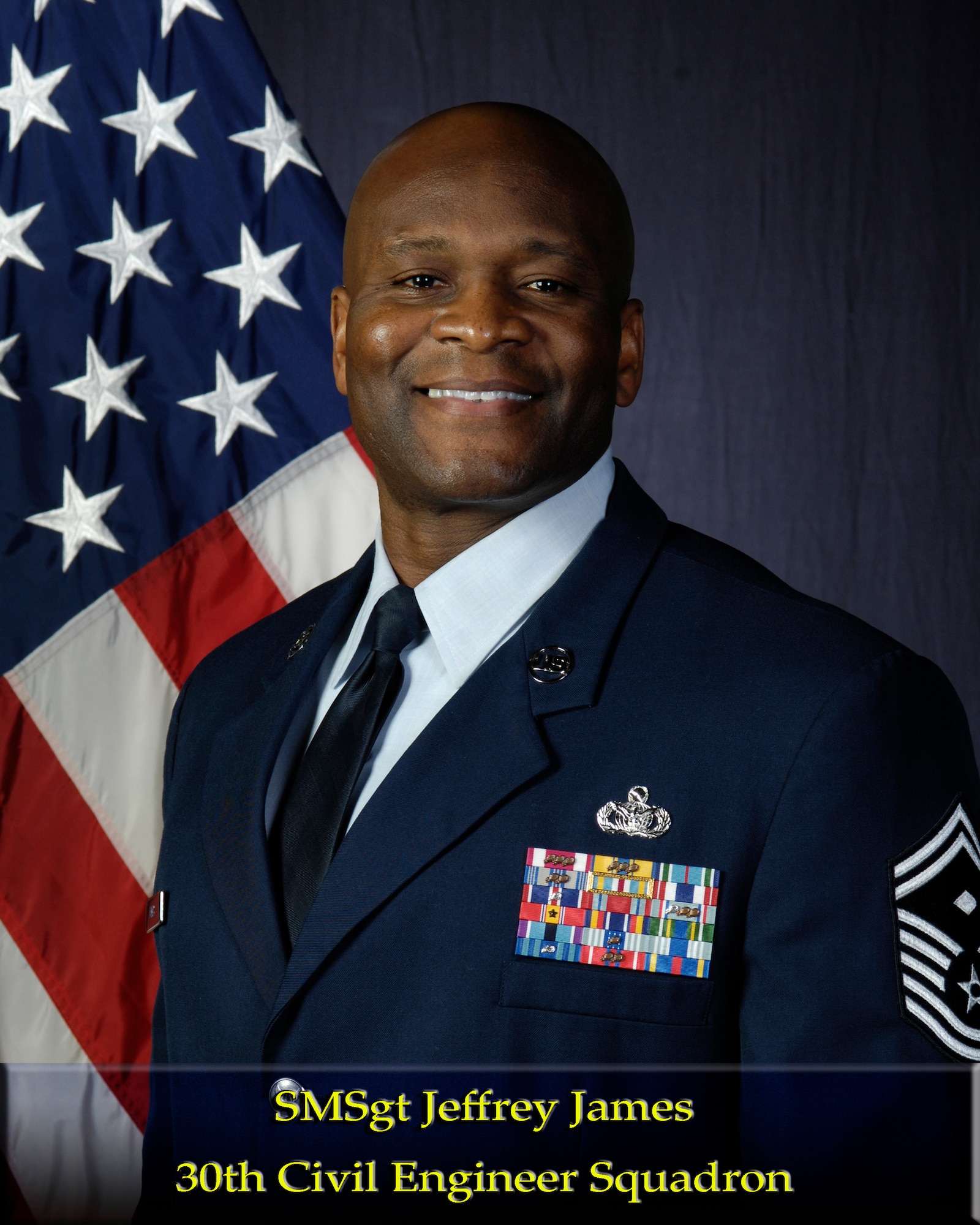 VANDENBERG AIR FORCE BASE, Calif. --  Senior Master Sgt. Jeffrey James, of the 30th Civil Engineer Squadron, is the Team Vandenberg First Sergeant of the Year for 2009. (U.S. Air Force photo)