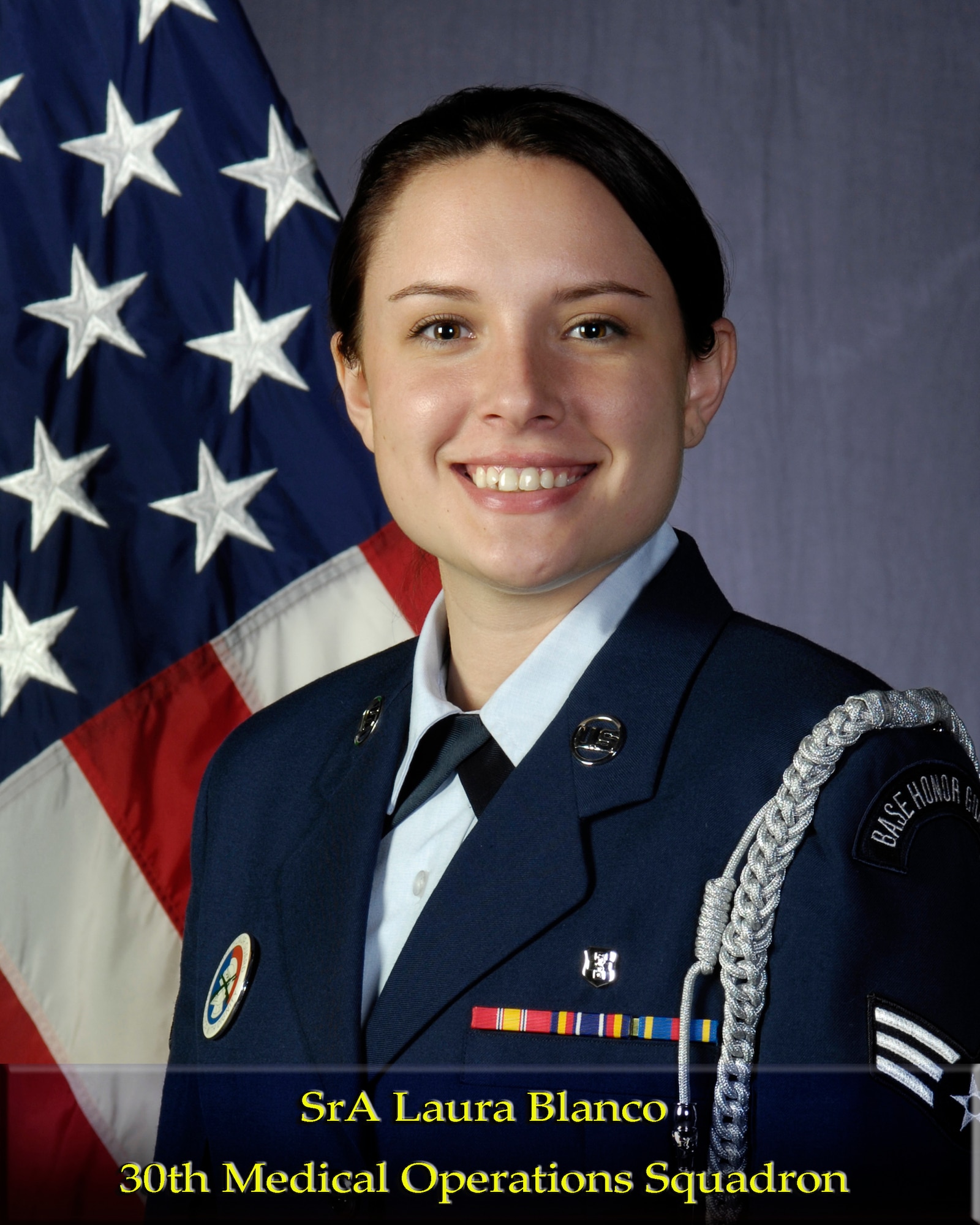 VANDENBERG AIR FORCE BASE, Calif. --  Senior Airman Laura Blanco, of the 30th Medical Operations Squadron, is the Vandenberg Honor Guard Airman of the Year for 2009. (U.S. Air Force photo)