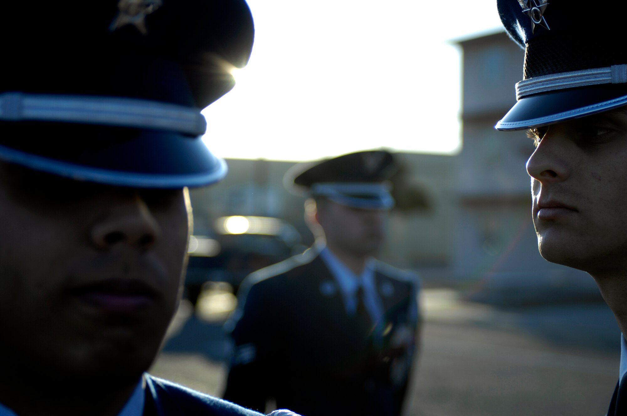 Airman 1st Class Michael Giles, Luke Honor Guard Flight Sergeant, inspects members of the Honor Guard during an open ranks inspection on the morning of Feb. 9, 2010 at Luke Air Force Base, Ariz. Constantly being in the public eye means that the members of the Honor Guard must scrutinize their appearance heavily. (U.S. Air Force Photo by SSgt Jason Colbert)