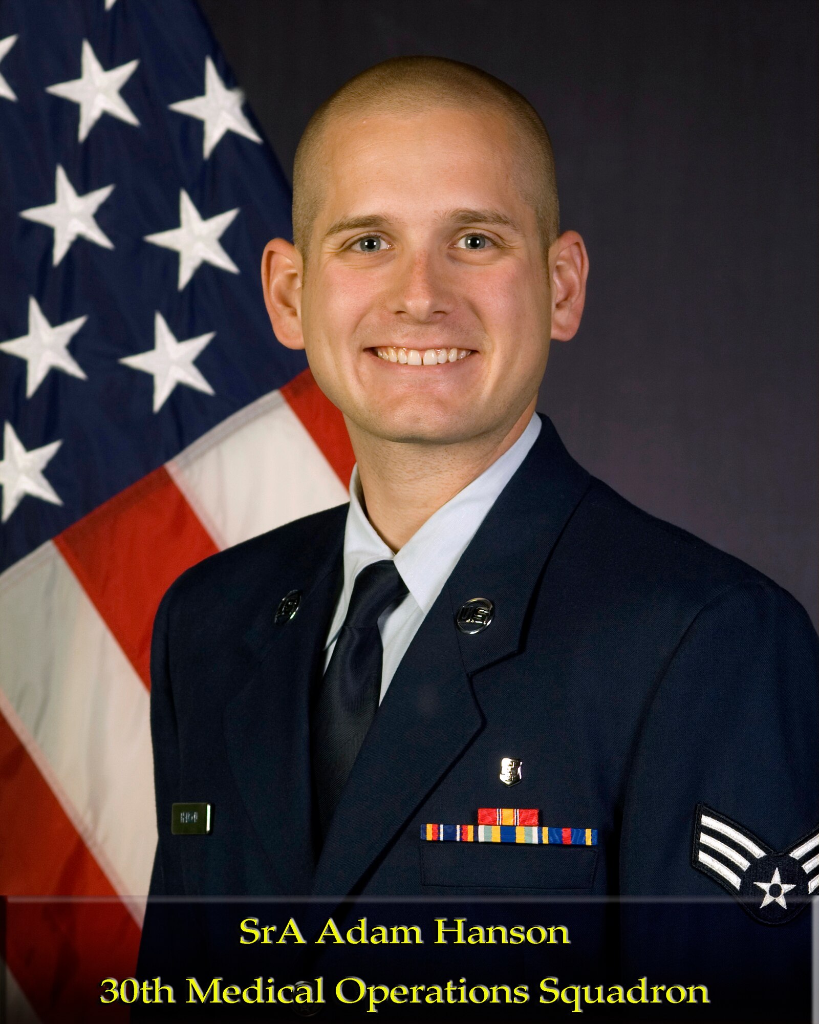 VANDENBERG AIR FORCE BASE, Calif. --  Senior Airman Adam Hanson, of the 30th Medical Operations Squadron, is both the 30th Space Wing Airman of the Year and Team Vandenberg Airman of the Year for 2009. (U.S. Air Force photo)
