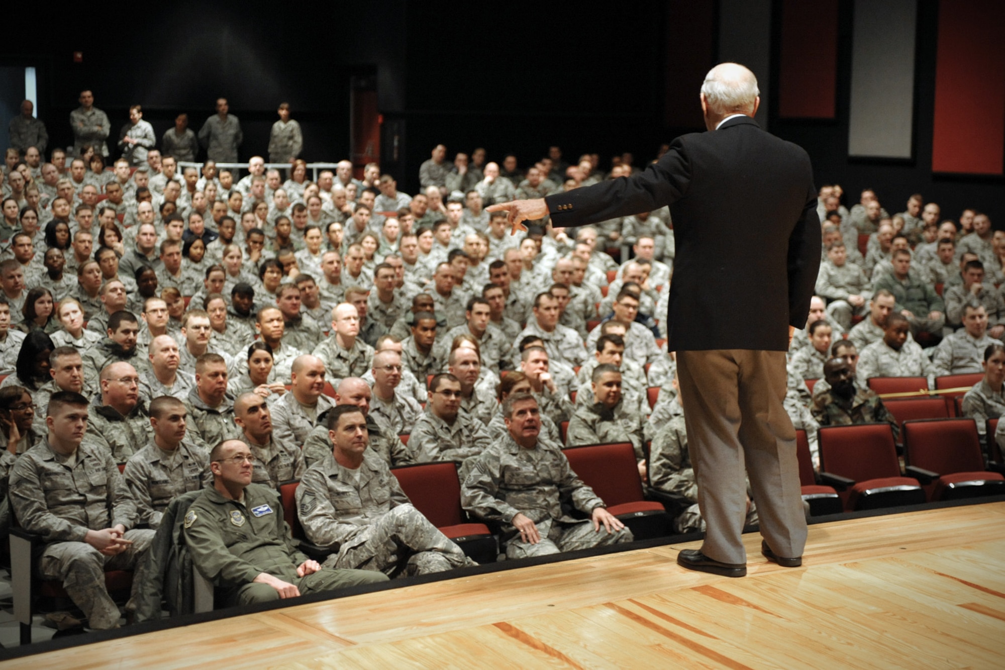 Fairchild enlisted Airmen listen as Chief Master Sgt. (Ret.) Sam Parish, the 8th Chief Master Sergeant of the Air Force, delivers a speech about Air Force heritage and direction at the Base Theater Feb. 5. (U.S. Air Force photo/Senior Airman Joshua Chapman)
