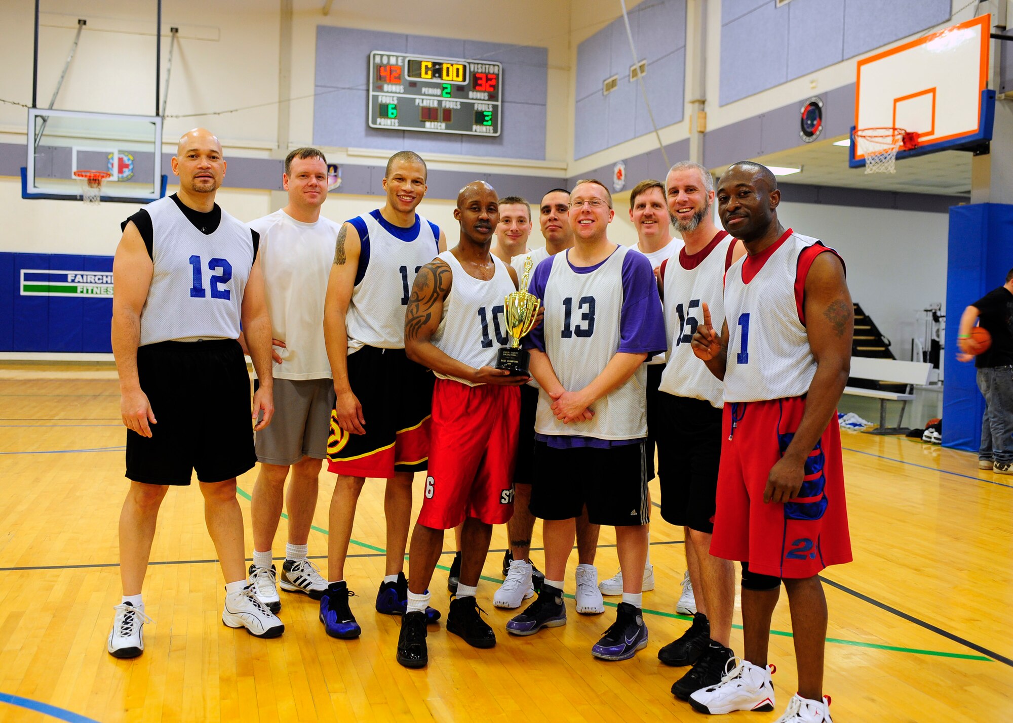 Pictured is the 92nd Medical Group Intramural Basketball Team, the winners of the “Over 30” Intramural game. The 92nd MDG team beat the 92nd Civil Engineer Squadron 42 to 32. (U.S. Air Force photo/Senior Airman Joshua Chapman)