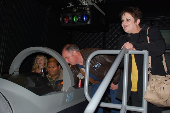 Members of the Leadership Wichita Falls class of 2010 were given the opportunity to fly in the T-6A Texan II Trainer during their tour of Sheppard Air Force Base Feb. 9.  Future Wichita Falls community leaders were exposed to a small portion of Sheppard AFB's training missions during their annual LWF Civic Leader tour.  The class visited the Heritage Center, ate lunch at a dining facility and interacted with training tools used by the 80th Flying Training Wing and the 361st Training Squadron. (U.S. Air Force Photo/Staff Sgt. Vernon Cunningham)
