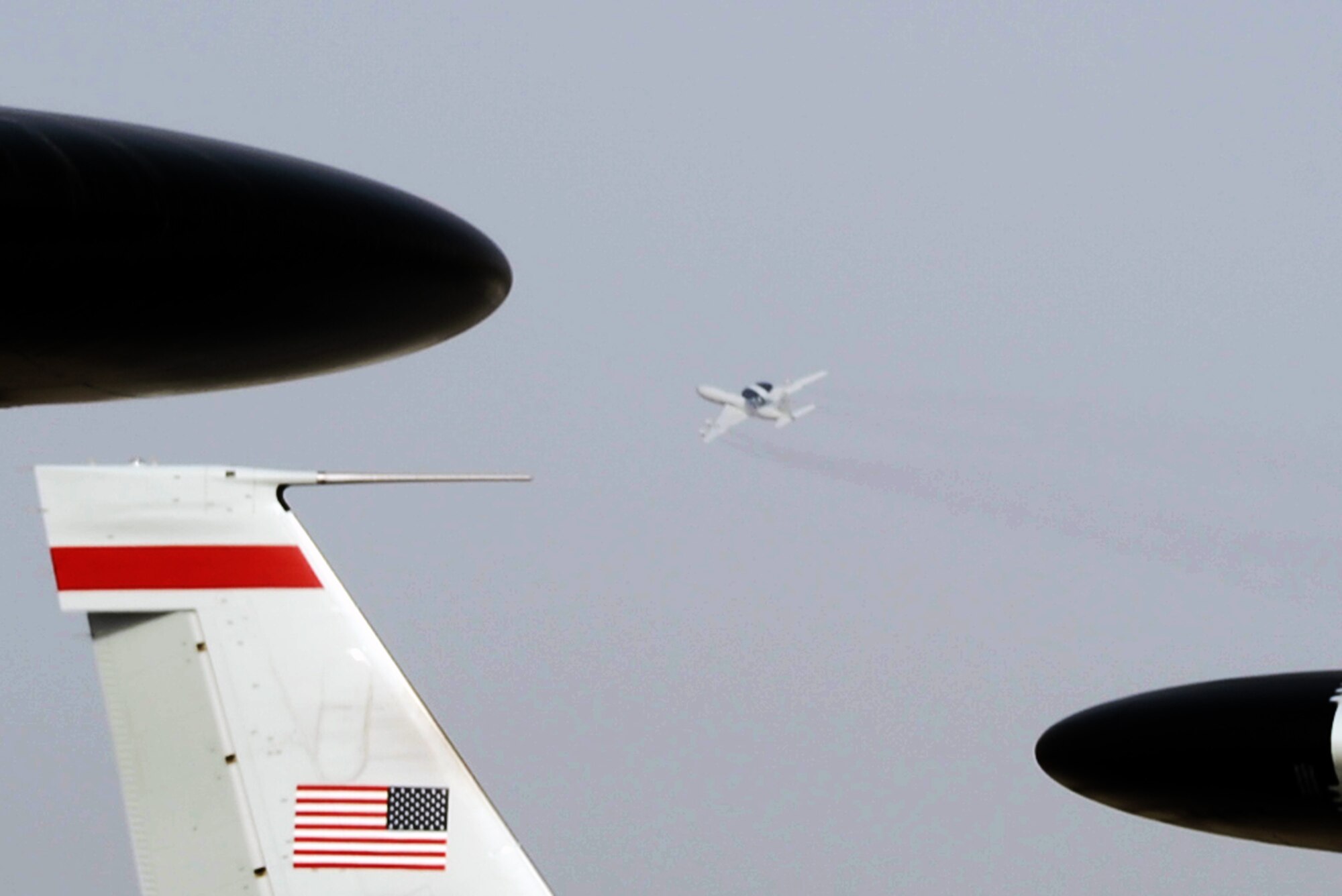 An E-3 Sentry Airborne Warning and Control System aircraft assigned to the 965th Expeditionary Airborne Air Control Squadron flies upward on its way to a combat mission during operations at a non-disclosed base in Southwest Asia on Feb. 11, 2010. The E-3 mission platform, according to its Air Force fact sheet, provides situational awareness of friendly, neutral and hostile activity, command and control of an area of responsibility, battle management of theater forces, all-altitude and all-weather surveillance of the battle space, and early warning of enemy actions during joint, allied and coalition operations. The 965th EAACS is a unit of the 380th Air Expeditionary Wing and supports operations Iraqi Freedom and Enduring Freedom and the Combined Joint Task Force-Horn of Africa. (U.S. Air Force Photo/Master Sgt. Scott T. Sturkol/Released)
