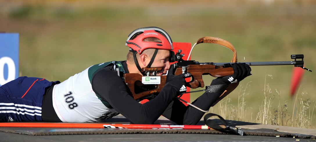 Utah Army National Guard Sgt. Jeremy Teela, a biathlete with the Army’s World Class Athlete Program, practices prone shooting Oct. 21, 2009 at Soldier Hollow, Utah, in preparation for the XXI Olympic Winter Games Feb. 12-28 in Vancouver and Whistler, British Columbia, Canada. U.S. Army photo by Tim Hipps

