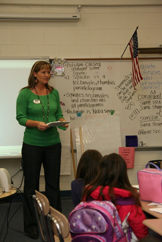 Alesha Burkeen, a family readiness trainer aboard Cherry Point, introduces the L.I.N.K.S. for Kids class to Creekside Elementary School, Feb. 12. Some topics covered during the visit were Marine Corps history and traditions, the emotional stressors of deployment, frequent moving, and how to be active in the community.