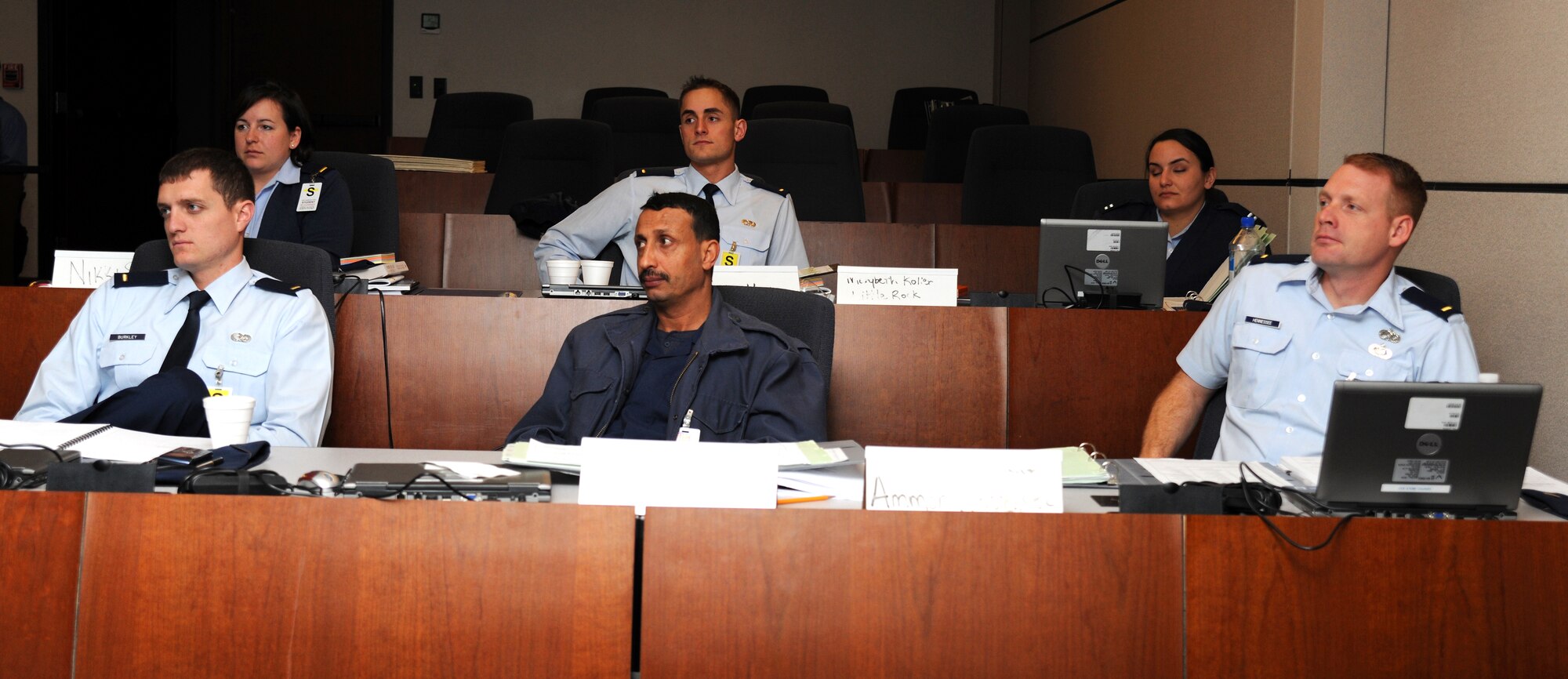 Yemeni Air Force Captain Abdurabu Al Matari joins 10 U.S. Air Force maintenance officers receiving in-depth training on aircraft maintenance management at the U.S. Air Force Expeditionary Center's Maintenance Officer Course.  The course provides a strategic communication opportunity for the USAF EC. (U.S. Air Force photo/SSgt Veuril K. McDavid)