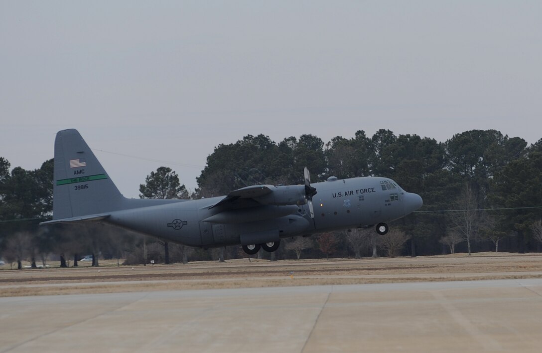 LANGLEY AIR FORCE BASE, Va. – A C-130 Hercules loaded with 47 Army personnel from Fort Lee, Va. takes off Feb. 12. The C-130 is transporting the soldiers, as well as supplies, to Haiti in support of Operation Unified Response, a joint relief effort bringing aid to the devastated country. (U.S. Air Force photo/Airman Rebecca Montez)