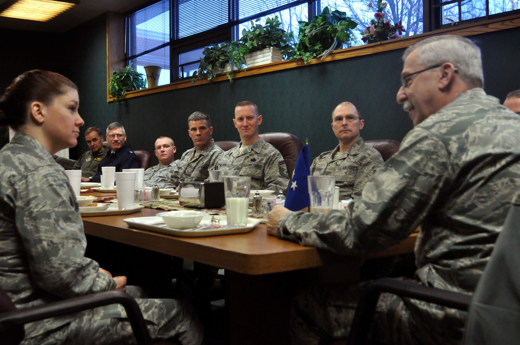 Maj. Gen. Martin Mazick, Vice Commander of Air Force Reserve Command, chats with Airmen during the Outstanding Airman of the Year breakfast Feb. 6. The general dined with nominees for the 419th Fighter Wing’s annual awards banquet, and congratulated them on their accomplishments. General Mazick served as keynote speaker at the ceremony that evening. (U.S. Air Force photo/Staff Sgt. Kyle Brasier)