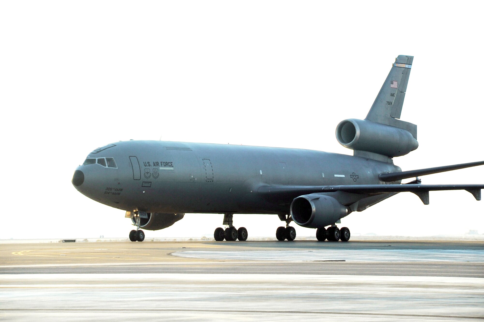 A KC-10 Extender comes in for a landing at an air base in Southwest Asia Jan. 6, 2010, after completing a combat air refueling mission. This KC-10 is assigned to the 908th Expeditionary Air Refueling Squadron. (U.S. Air Force photo/Tech. Sgt. Scott T. Sturkol)