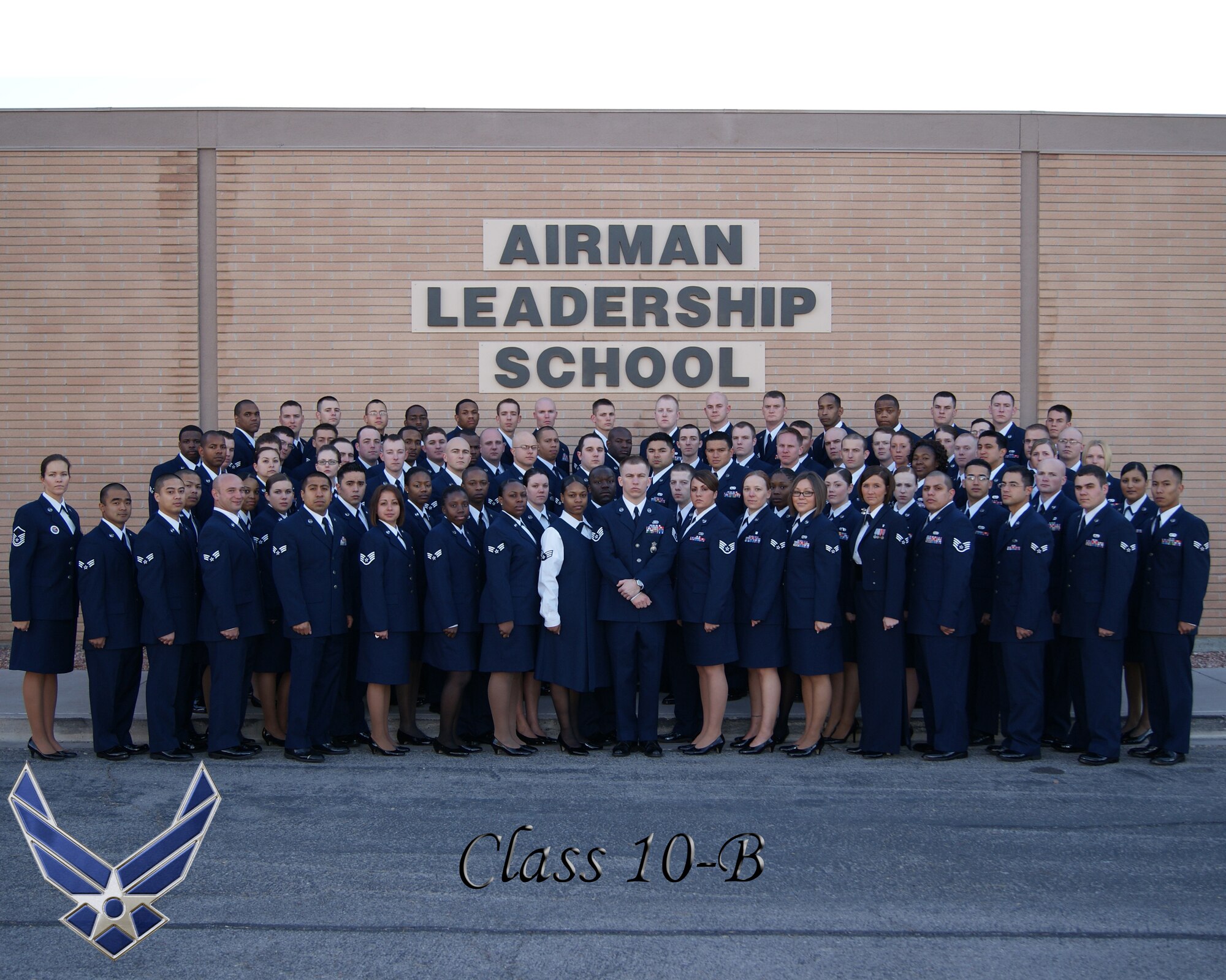 Airman Leadership School class (10-B) pose for a photo in front of the ALS building on Nellis.