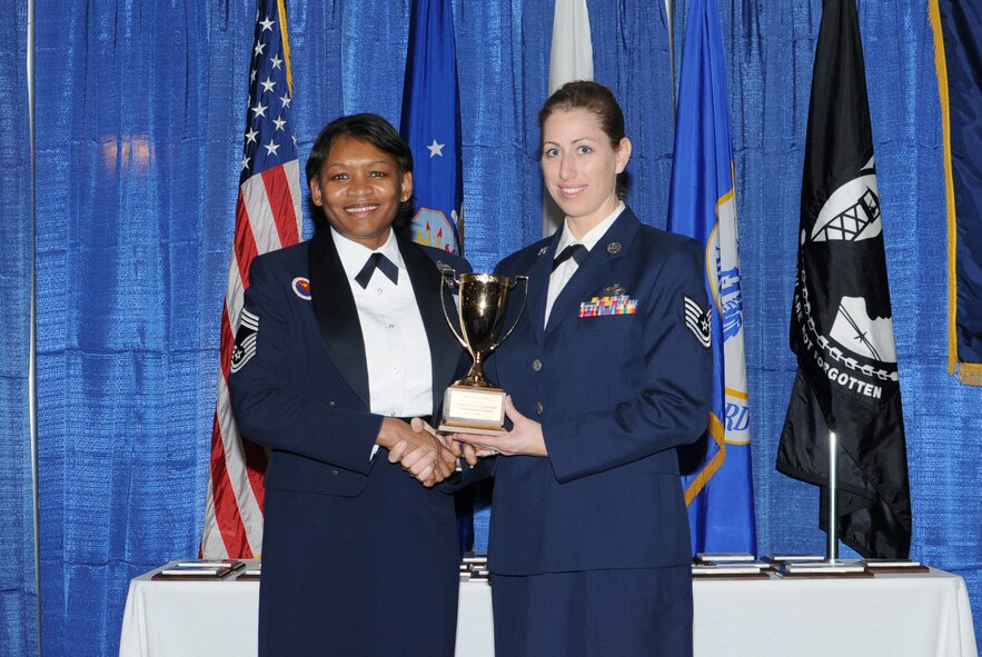 McGHEE TYSON AIR NATIONAL GUARD BASE, Tenn. -- Tech. Sgt. Elizabeth M. Sailer, right, a training manager with the 169th Fighter Wing, South Carolina Air National Guard, receives the Paul H. Lankford commandant award for NCO Academy Class 10-3 at The I.G. Brown Air National Guard Training and Education Center here from Chief Master Sgt. Deborah Davidson, Feb. 11, 2010.  The commandant award is presented to the student who made the most significant contribution to the overall success of the class by demonstrating superior leadership abilities and excellent skills as a team member.  It is named in honor of CMSgt Paul H. Lankford, a Bataan Death March survivor and the first commandant of the Air National Guard Enlisted Professional Military Education Center.  (U.S. Air Force photo by Master Sgt. Kurt Skoglund/Released)