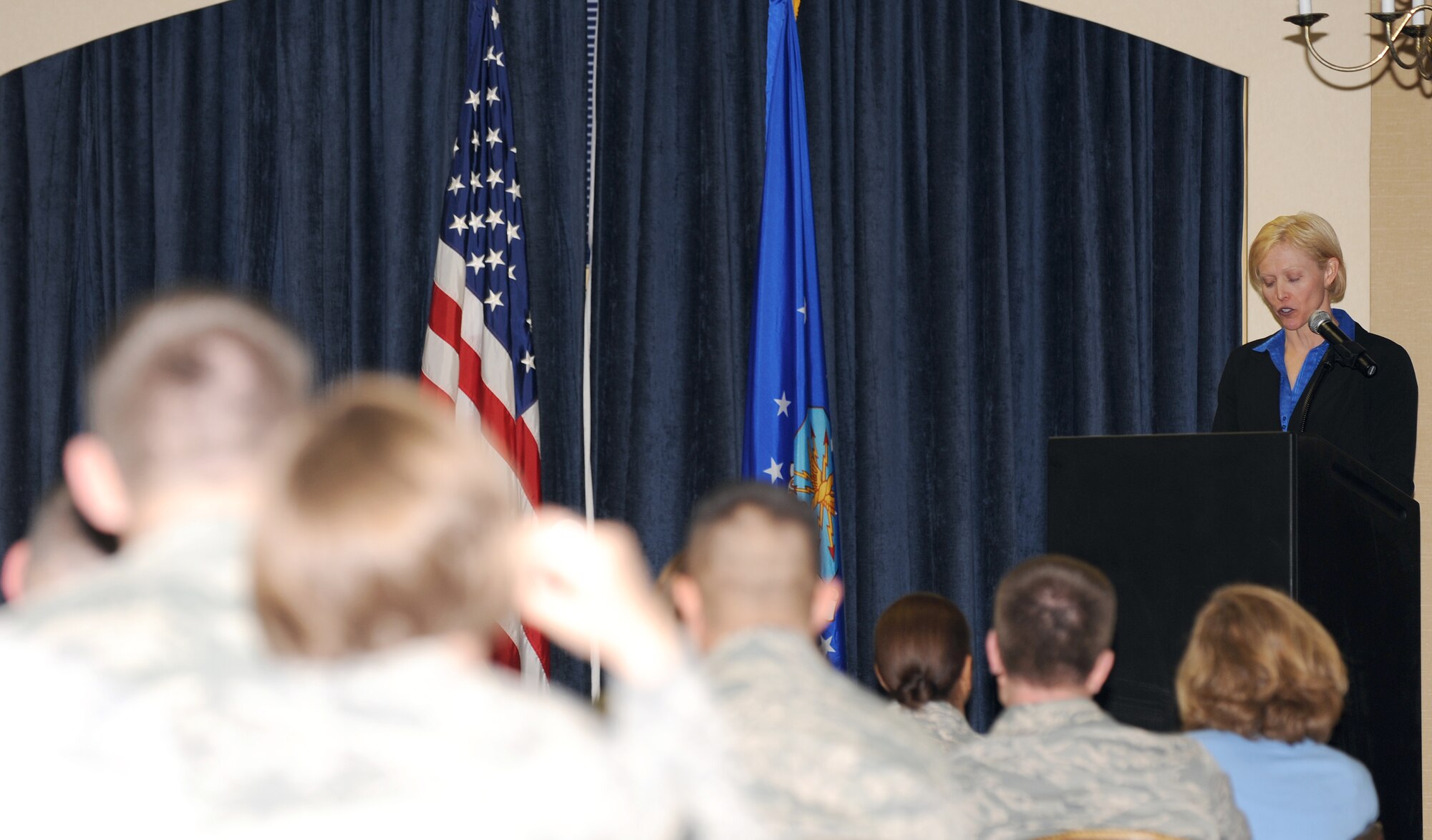 ELLSWORTH AIR FORCE BASE, S.D.- Beth Eldridge, wife of Col. William Eldridge, 28th Operations Group commander, was the guest speaker during the Ellsworth National Prayer Luncheon, Feb. 10. She spoke about the faith she sustained throughout radiation therapy treatments during her battle with an inoperable brain tumor. (U.S. Air Force photo/Master Sgt. Loren J. Bonser)