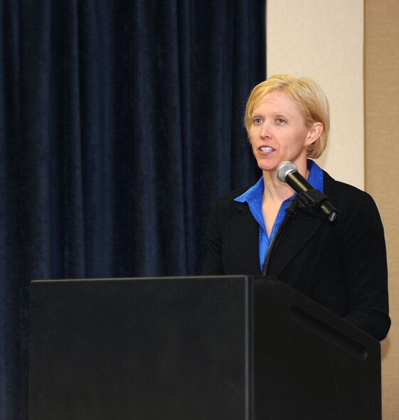 ELLSWORTH AIR FORCE BASE, S.D.- Beth Eldridge, wife of Col. William Eldridge, 28th Operations Group commander, was the guest speaker during the Ellsworth National Prayer Luncheon, Feb. 10. She spoke about the faith she sustained throughout radiation therapy treatments during her battle with an inoperable brain tumor. (U.S. Air Force photo/Master Sgt. Loren J. Bonser)