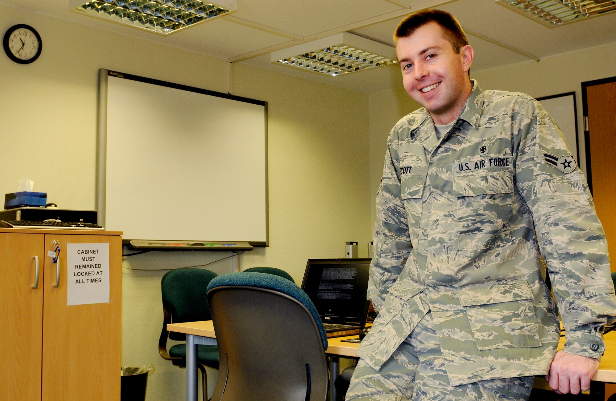 U.S. Air Force Airman 1st Class Stephen Scott, 86th Medical Operations Squadron, poses for a photo on Ramstein Air Base, Germany, Feb. 10, 2010. Airman Scott administers Automated Neuropsychological Assessment Metrics (ANAM) tests, a computer-based tool designed to detect speed and accuracy of attention, memory, and thinking ability of Service Members preparing to deploy. (U.S. Air Force photo by Airman 1st Class Brea Miller)
