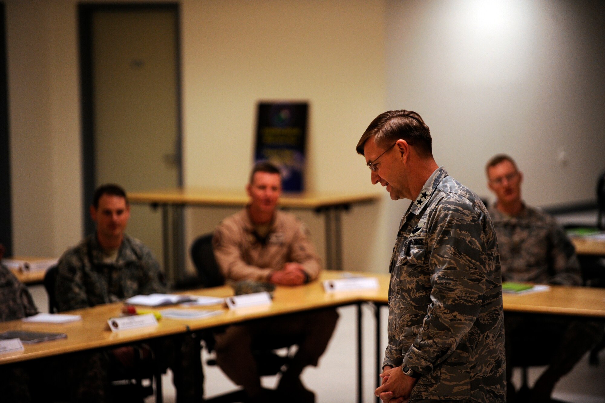 Maj. Gen. Stephen L. Hoog, deputy commander, U.S. Air Forces Central Command and deputy, Combined Force Air Component commander, U.S. Central Command  speaks with attendees of the Theater Space Conference,  Feb. 8, 2010, at a base in Southwest Asia.  (U.S. Air Force photo/Staff Sgt. Manuel J. Martinez)
