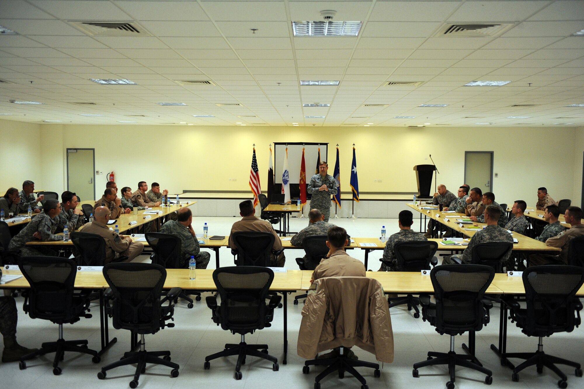 Maj. Gen. Stephen L. Hoog, deputy commander, U.S. Air Forces Central Command and deputy, Combined Force Air Component commander, U.S. Central Command  speaks with attendees of the Theater Space Conference,  Feb. 8, 2010, at a base in Southwest Asia.  (U.S. Air Force photo/Staff Sgt. Manuel J. Martinez/released)
