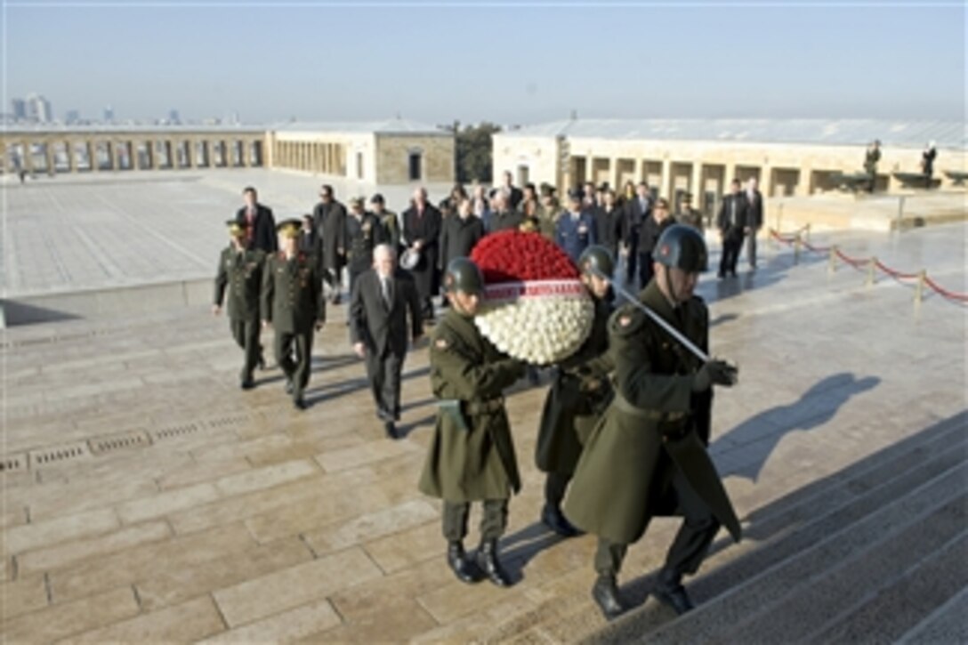 Secretary of Defense Robert M. Gates prepares to lay a wreath at Ataturk's Mausoleum, named after the founder of the Republic of Turkey Mustafa Kemal Ataturk, in Ankara, Turkey, on Feb. 5, 2010.  