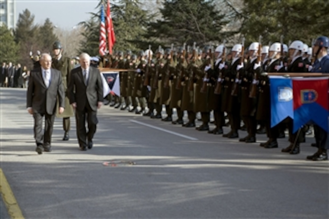 Secretary of Defense Robert M. Gates and Turkish Defense Minister Vecdi Gonul review the troops during an arrival ceremony at the Ministry of Defense in Ankara, Turkey, on Feb. 5, 2010.  