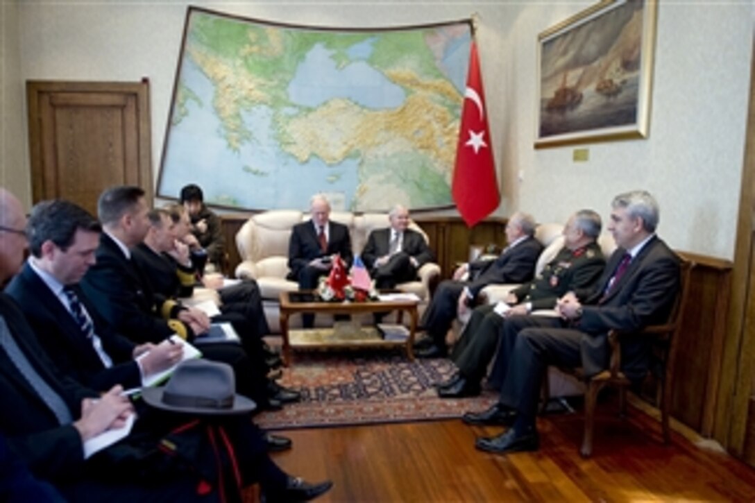 Secretary of Defense Robert M. Gates and U.S. Ambassador to Turkey James Jeffrey (center) meet with Turkish Defense Minister Vecdi Gonul at the Ministry of Defense in Ankara, Turkey, on Feb. 5, 2010.  