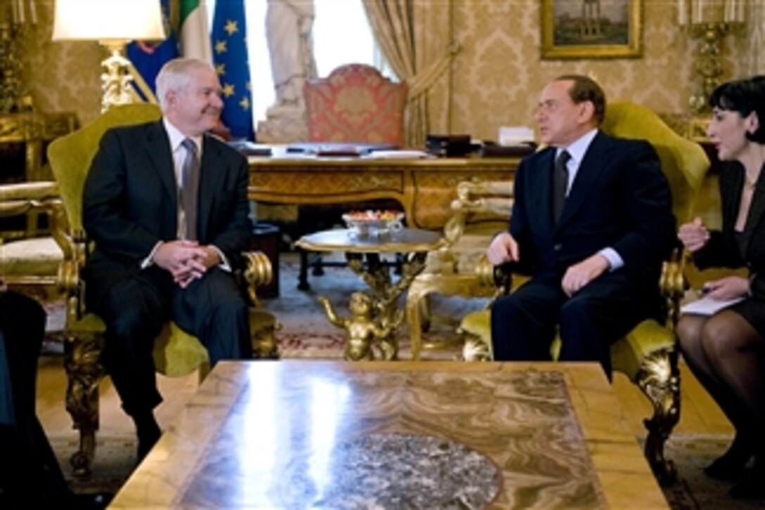 Secretary of Defense Robert M. Gates meets with Italian Prime Minister Silvio Berlusconi in Rome, Italy, on Feb. 6, 2010.  