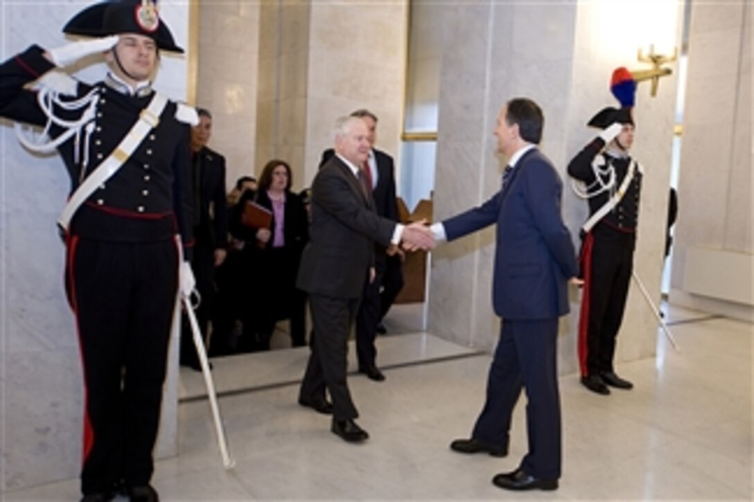 Secretary of Defense Robert M. Gates meets with Italian Minister of Foreign Affairs Franco Frattini in Rome, Italy, on Feb. 8, 2010.  