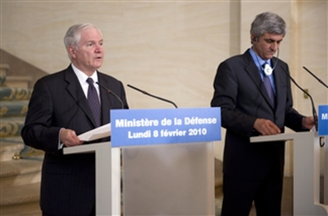 Secretary of Defense Robert M. Gates and French Defense Minister Herve Morin conduct a joint press conference in Paris, France, on Feb. 8, 2010.  