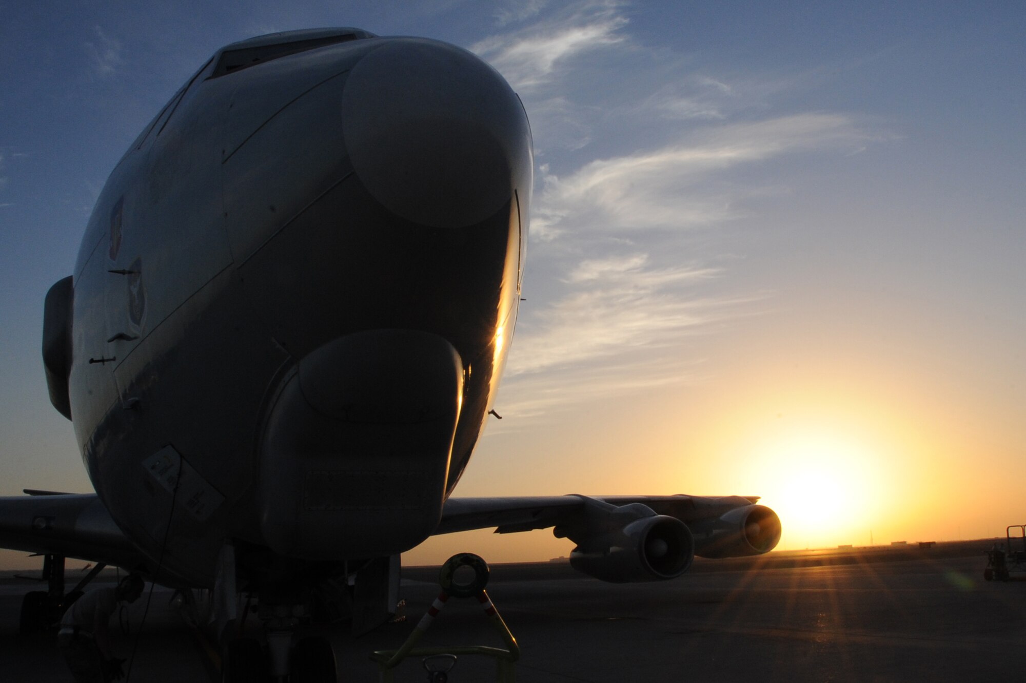 A E-3 Sentry Airborne Warning and Control System aircraft sits on the runway f at an undisclosed location in Southwest Asia on Feb.12, 2010.The E-3 Sentry is a modified Boeing 707/320 commercial airframe with a rotating radar dome that provides situational awareness of friendly, neutral and hostile activity, command and control of an area of responsibility, battle management of theater forces, all-altitude and all-weather surveillance of the battle space, and early warning of enemy actions during joint, allied, and coalition operations.(U.S. Air Force photo/Senior Airman Jenifer H. Calhoun/Released)
