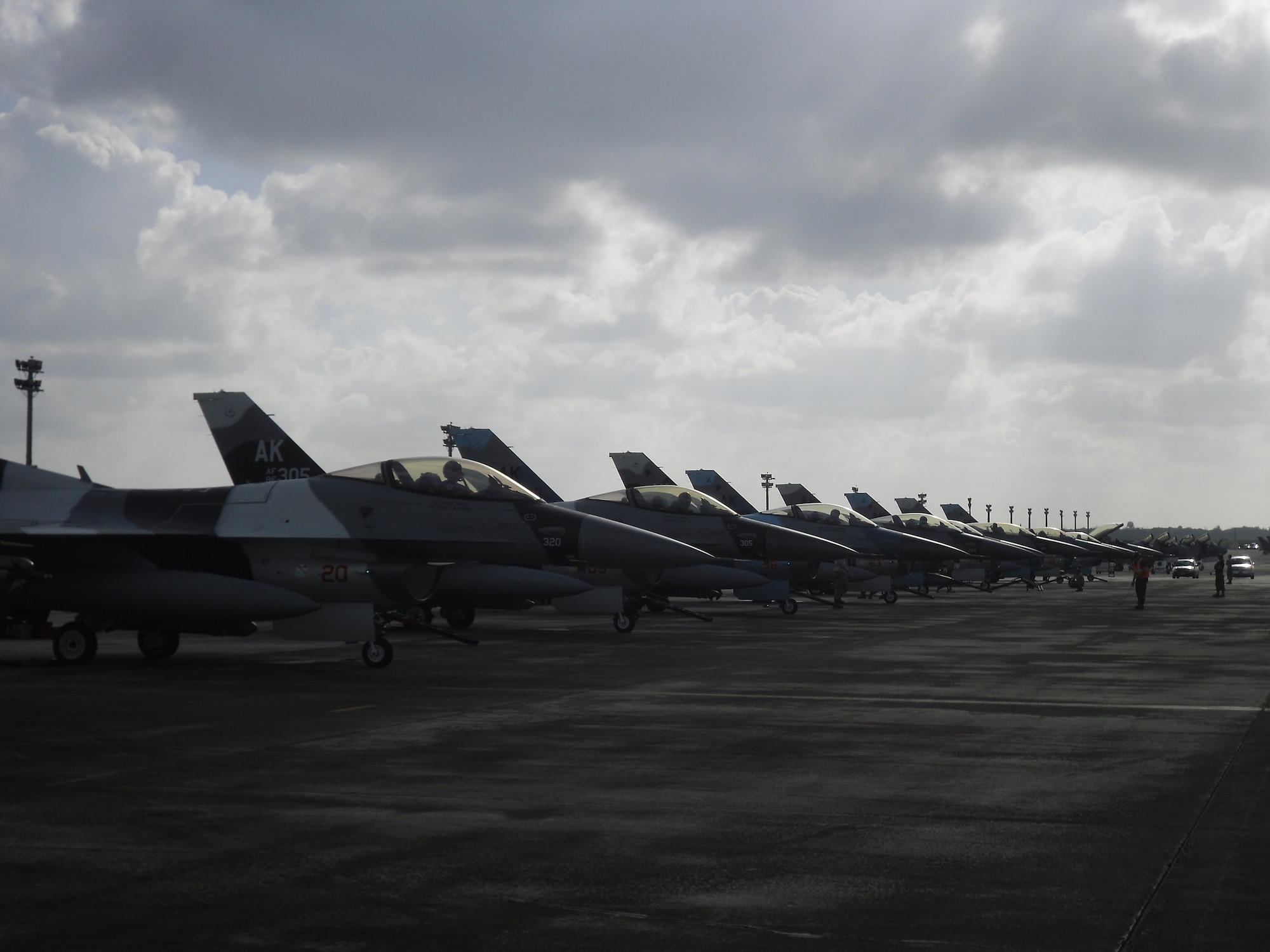 ANDERSEN AIR FORCE BASE, Guam ? U.S. Air Force F-16 Agressor aircraft (foreground) and U.S. Navy EA-6B (background) aircraft park here after arriving to support Cope North 10-1.  The United States Air Force and the Japan Air Self-Defense Force conduct Cope North annually at Andersen Air Force Base to increase combat readiness and interoperability, concentrating on coordination and evaluation of air tactics, techniques and procedures.  The ability for both nations to work together increases their preparedness to support real-world contingencies.(U.S. Air Force photo by Colonel Larry Bowers)
