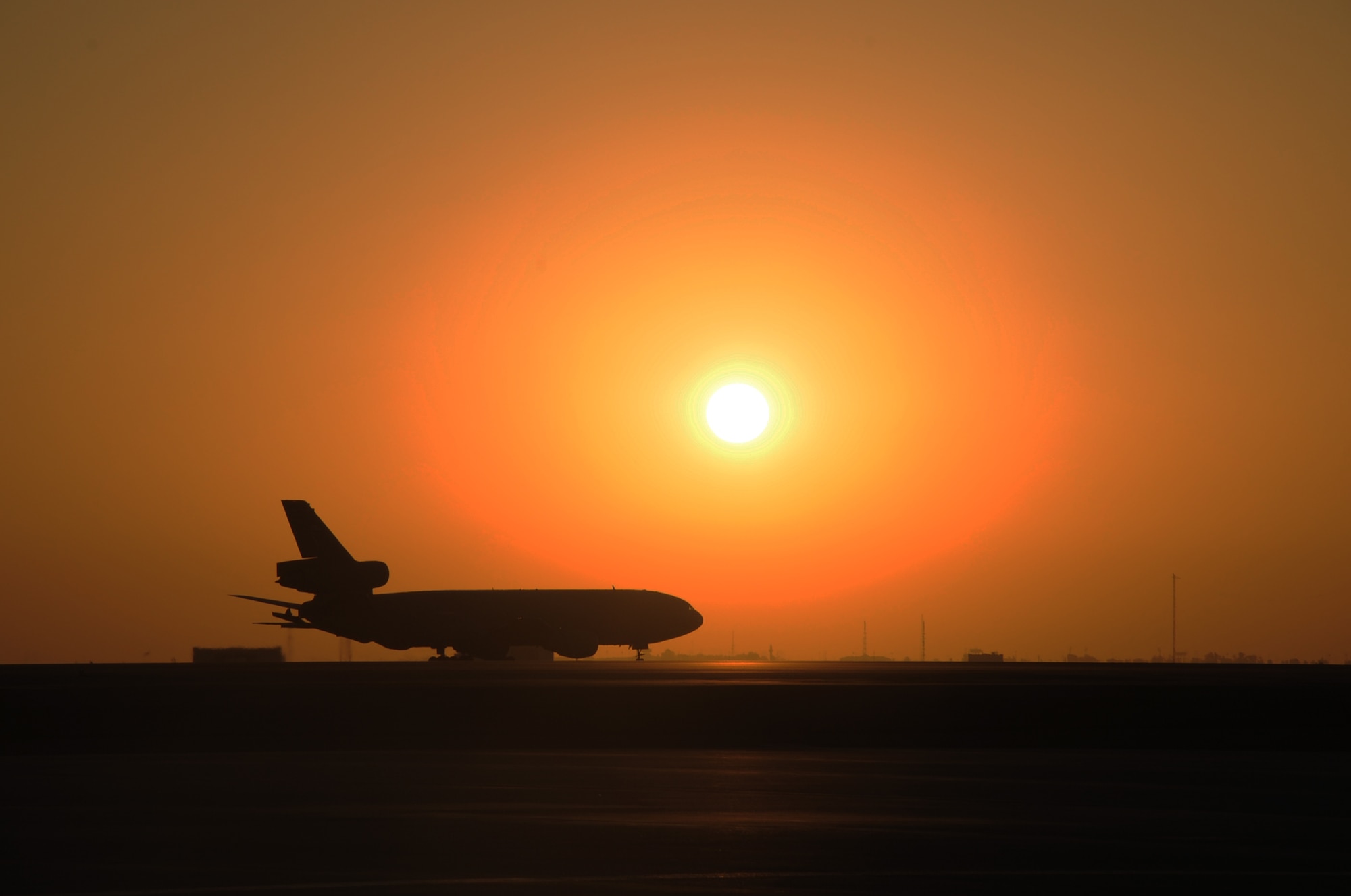 A KC-10 Extender returns from a mission during flightline operations for the 380th Air Expeditionary Wing at a non-disclosed location in Southwest Asia on Feb. 12, 2010.  The KC-10 is forward deployed to the U.S. Central Command area of responsibility from Joint Base McGuire-Dix-Lakehurst, N.J. (U.S. Air Force Photo/Master Sgt. Scott T. Sturkol/Released)