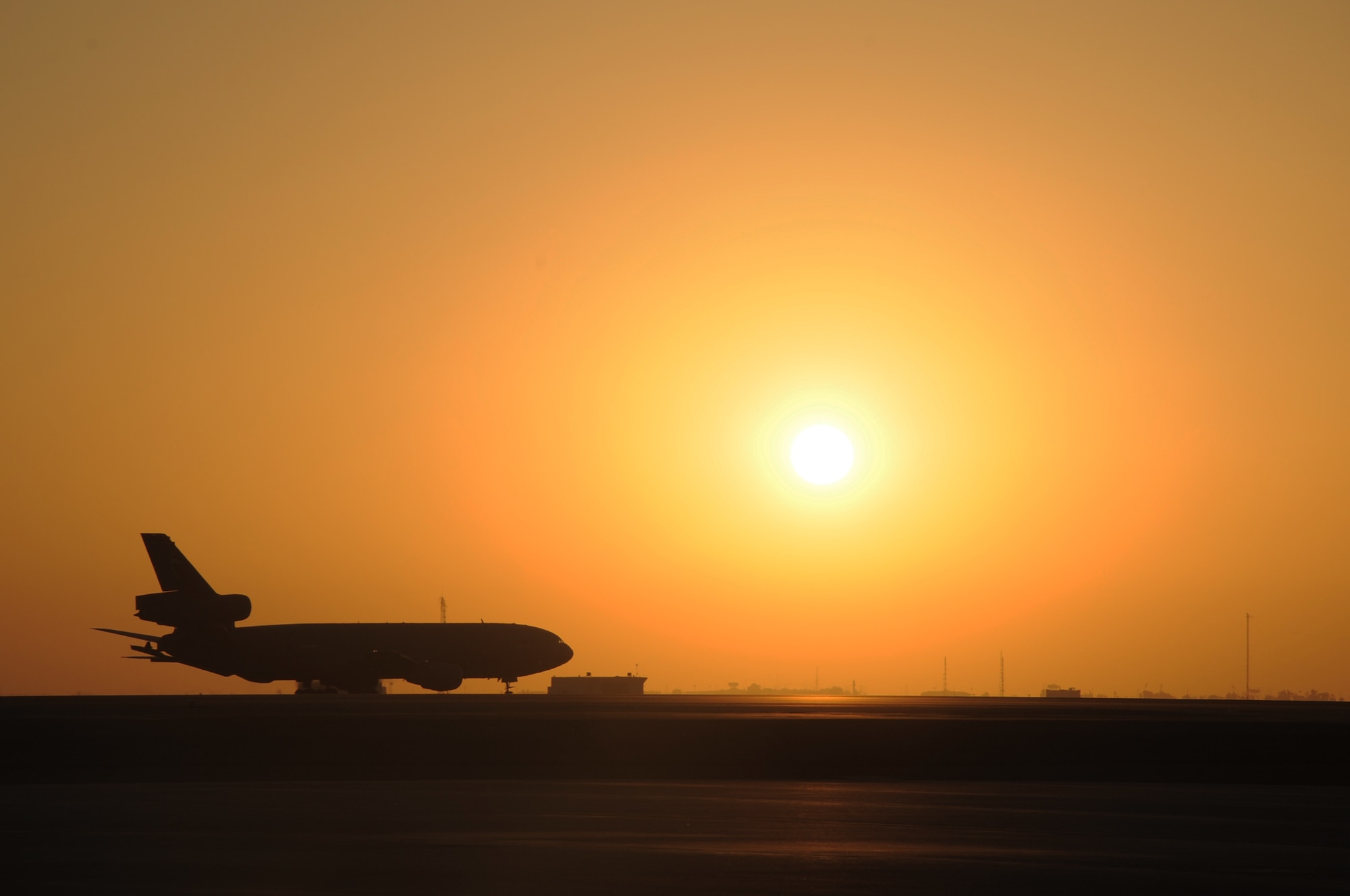 A KC-10 Extender returns from a mission during flightline operations for the 380th Air Expeditionary Wing at a non-disclosed location in Southwest Asia on Feb. 12, 2010.  The KC-10 is forward deployed to the U.S. Central Command area of responsibility from Joint Base McGuire-Dix-Lakehurst, N.J. (U.S. Air Force Photo/Master Sgt. Scott T. Sturkol/Released)
