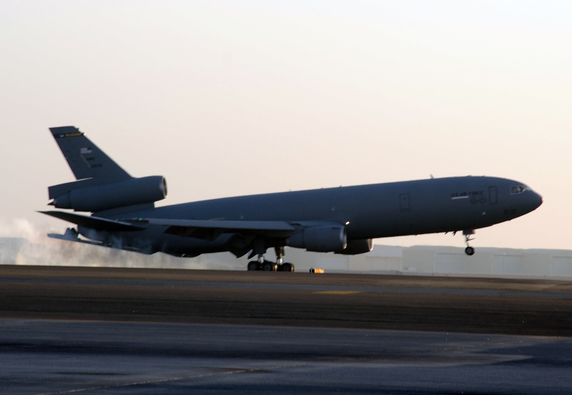 A KC-10 Extender returns from a mission during flightline operations for the 380th Air Expeditionary Wing at a non-disclosed location in Southwest Asia on Feb. 12, 2010.  The KC-10 is forward deployed to the U.S. Central Command area of responsibility from Joint Base McGuire-Dix-Lakehurst, N.J. (U.S. Air Force Photo/Master Sgt. Scott T. Sturkol/Released)