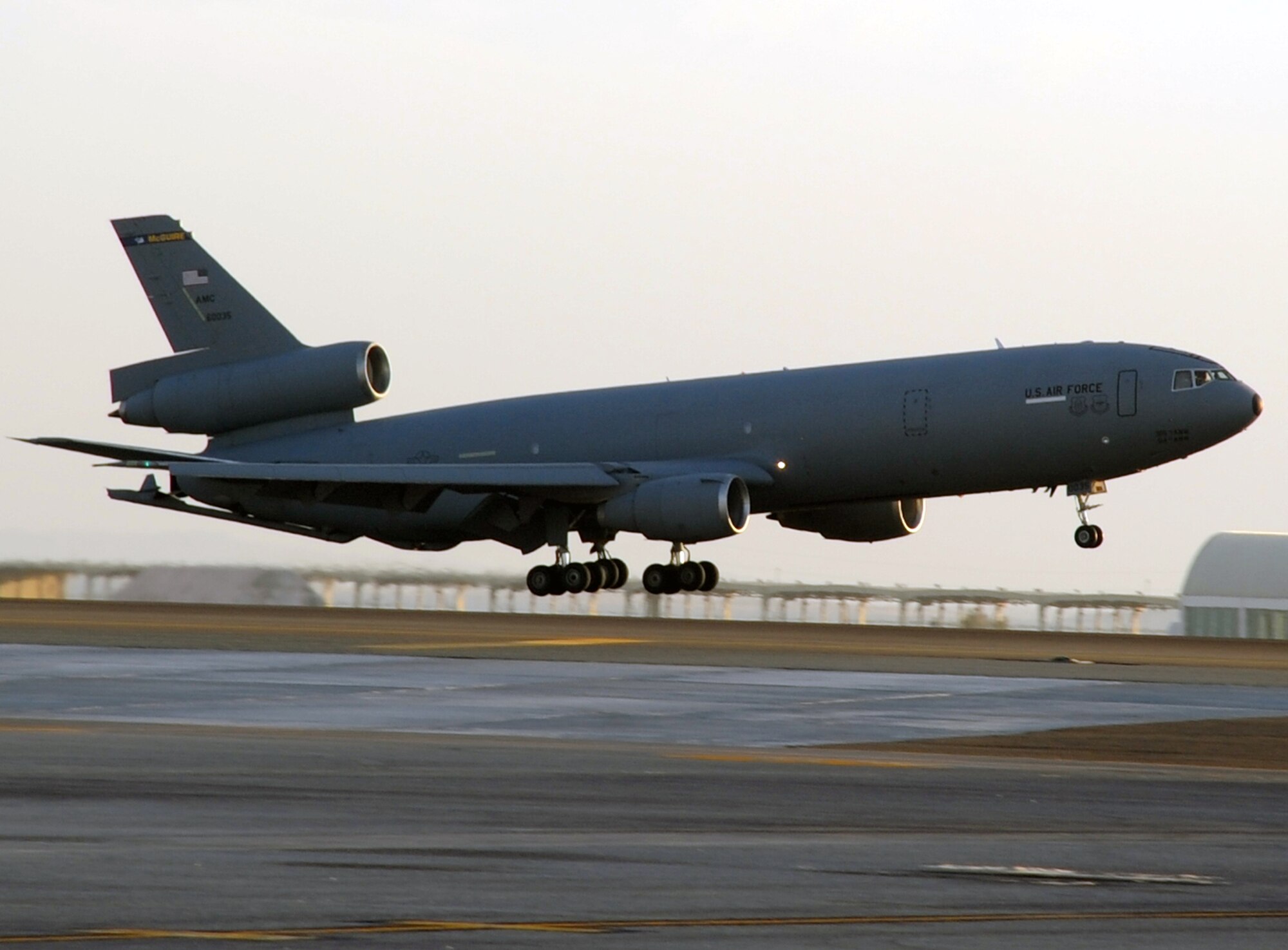 A KC-10 Extender returns from a mission during flightline operations for the 380th Air Expeditionary Wing at a non-disclosed location in Southwest Asia on Feb. 12, 2010.  The KC-10 is forward deployed to the U.S. Central Command area of responsibility from Joint Base McGuire-Dix-Lakehurst, N.J. (U.S. Air Force Photo/Master Sgt. Scott T. Sturkol/Released)