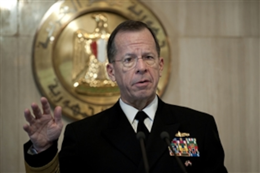 U.S. Navy Adm. Mike Mullen, chairman of the Joint Chiefs of Staff, addresses the media during a press availability in Cairo, Egypt on Feb. 14, 2010. Mullen is on a weeklong tour of the region visiting with key partners and allies. 