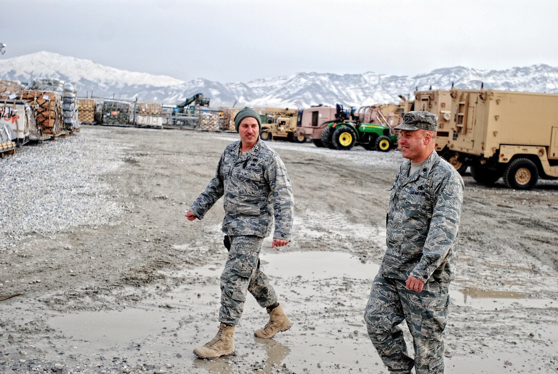 Capt. Al Knapp 455 Air Expeditionary Wing Expeditionary Logistics readiness Squadron Duty officer (Right) and Lt. Col. Travis Condon 455 Air Expeditionary Wing Expeditionary Logistics readiness Squadron Commander  inspect the TMO yard in Bagram Airfield, Afghanistan.(Photo by U.S. Air Force SrA Andrew Caya Combined Joint Task Force 82nd Airborne Division Public Affairs)