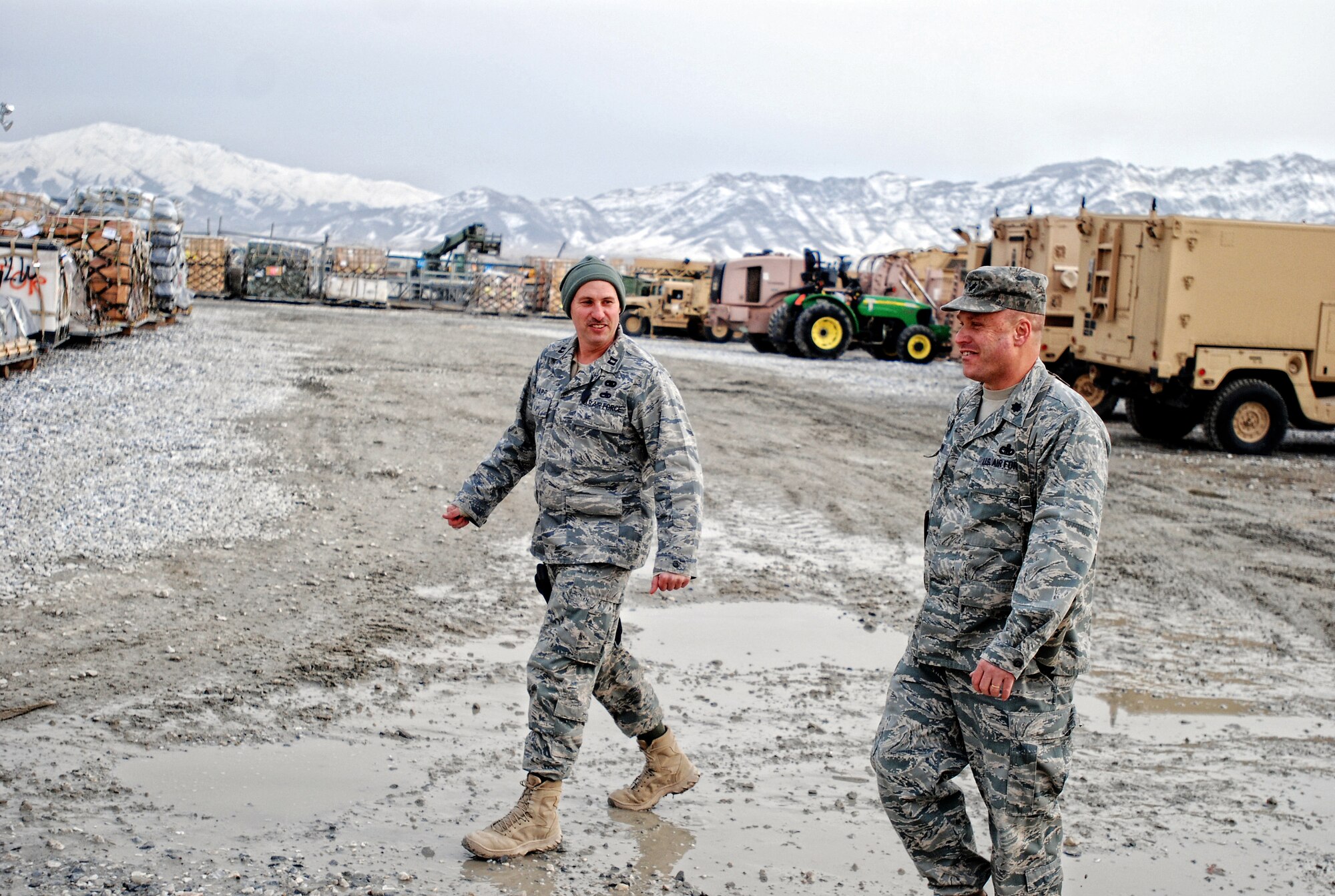 Capt. Al Knapp 455 Air Expeditionary Wing Expeditionary Logistics readiness Squadron Duty officer (Right) and Lt. Col. Travis Condon 455 Air Expeditionary Wing Expeditionary Logistics readiness Squadron Commander  inspect the TMO yard in Bagram Airfield, Afghanistan.(Photo by U.S. Air Force SrA Andrew Caya Combined Joint Task Force 82nd Airborne Division Public Affairs)
