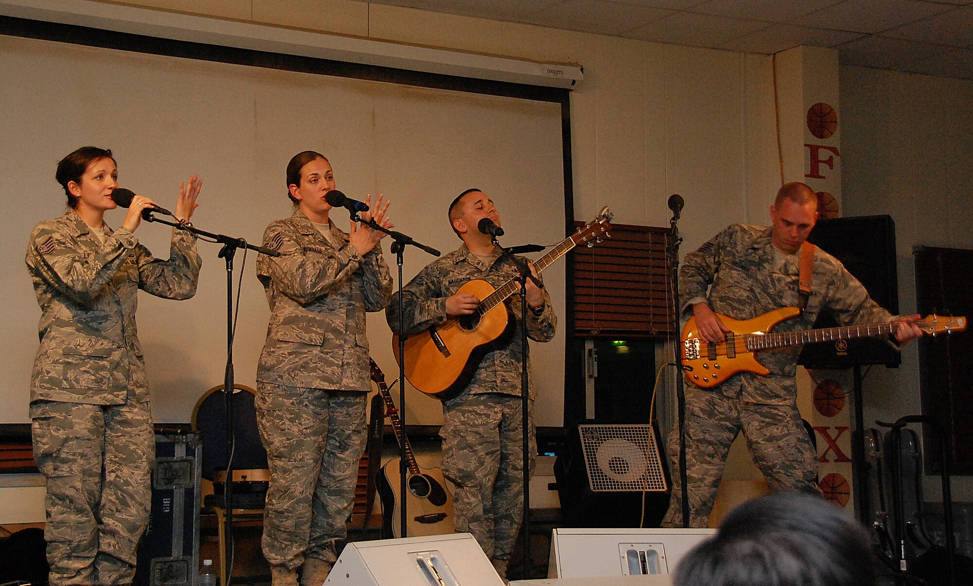 SOUTHWEST ASIA -- Members of the U.S. Air Forces Central Command Celtic Aire band perform a humorous version of Beyonce's "Single Ladies" for members of the 386th Air Expeditionary Wing Feb. 13, 2010 at an air base in Southwest Asia. The undisclosed location is just one of many stops on the band's two-month tour through the AFCENT area of responsibility. (U.S. Air Force photo by Staff Sgt. Lakisha A. Croley/Released)
